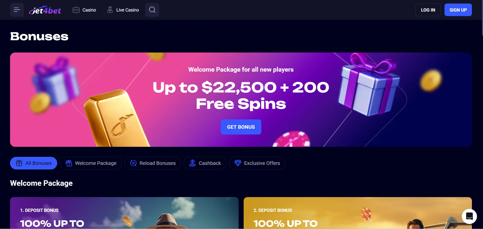 Jet4bet bonus section showing the welcome package