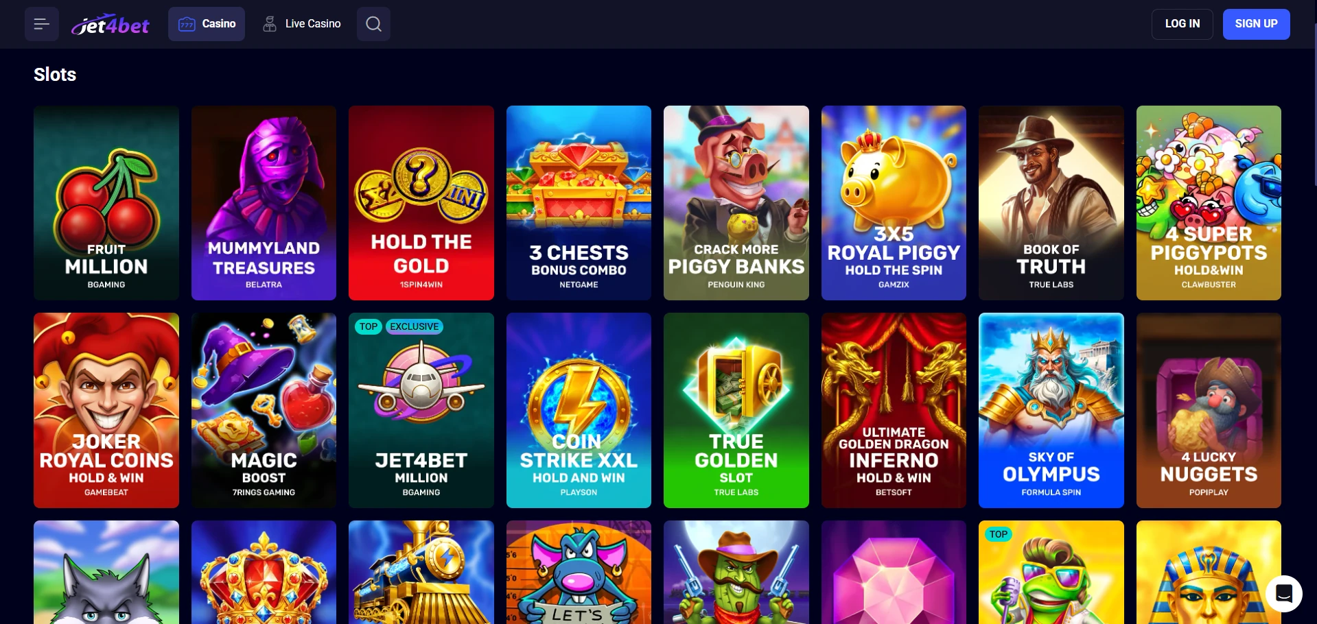 Jet4bet game lobby with game thumbnails